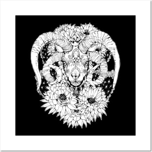 Painted Skull in Flowers - Black and White Posters and Art